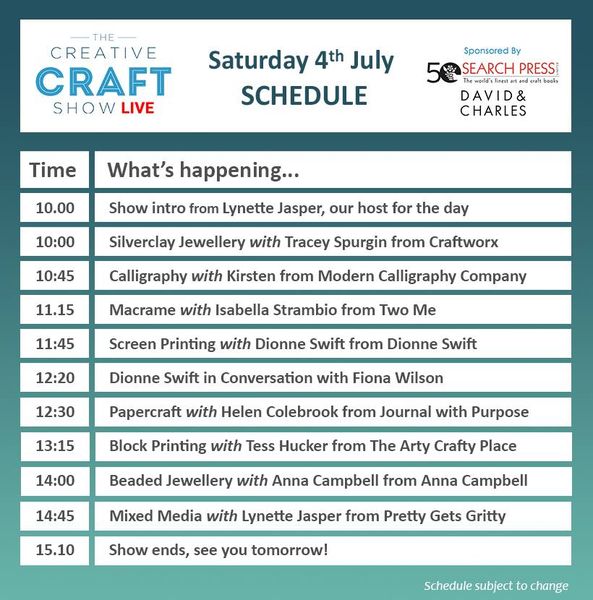 Creative Craft Show Live schedule Saturday 4th July 2020