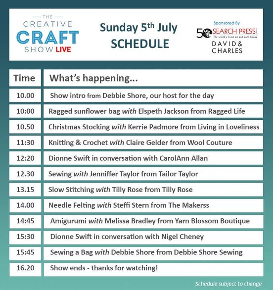 Creative Craft Show Live schedule Sunday 5th July 2020